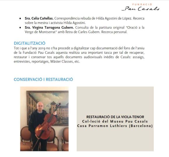 RESTAURACIÓ DE LA VIOLA TENOR DEL MUSEU PAU CASALS DEL VENDRELL - FUNDACIÓ PAU CASALS -Efectuada per Àlex Canals al taller de la Casa Parramon